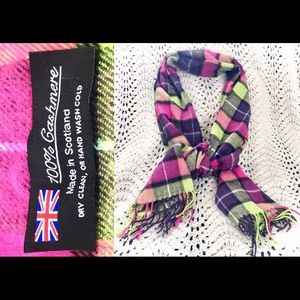 100% Cashmere Colorful Neon Plaid Scarf w/ Fringe